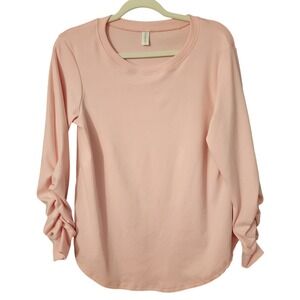 Anyproud Women Soft Long Sleeve Top Pink Ruched Cuff Crew Neck Lagenlook, Small